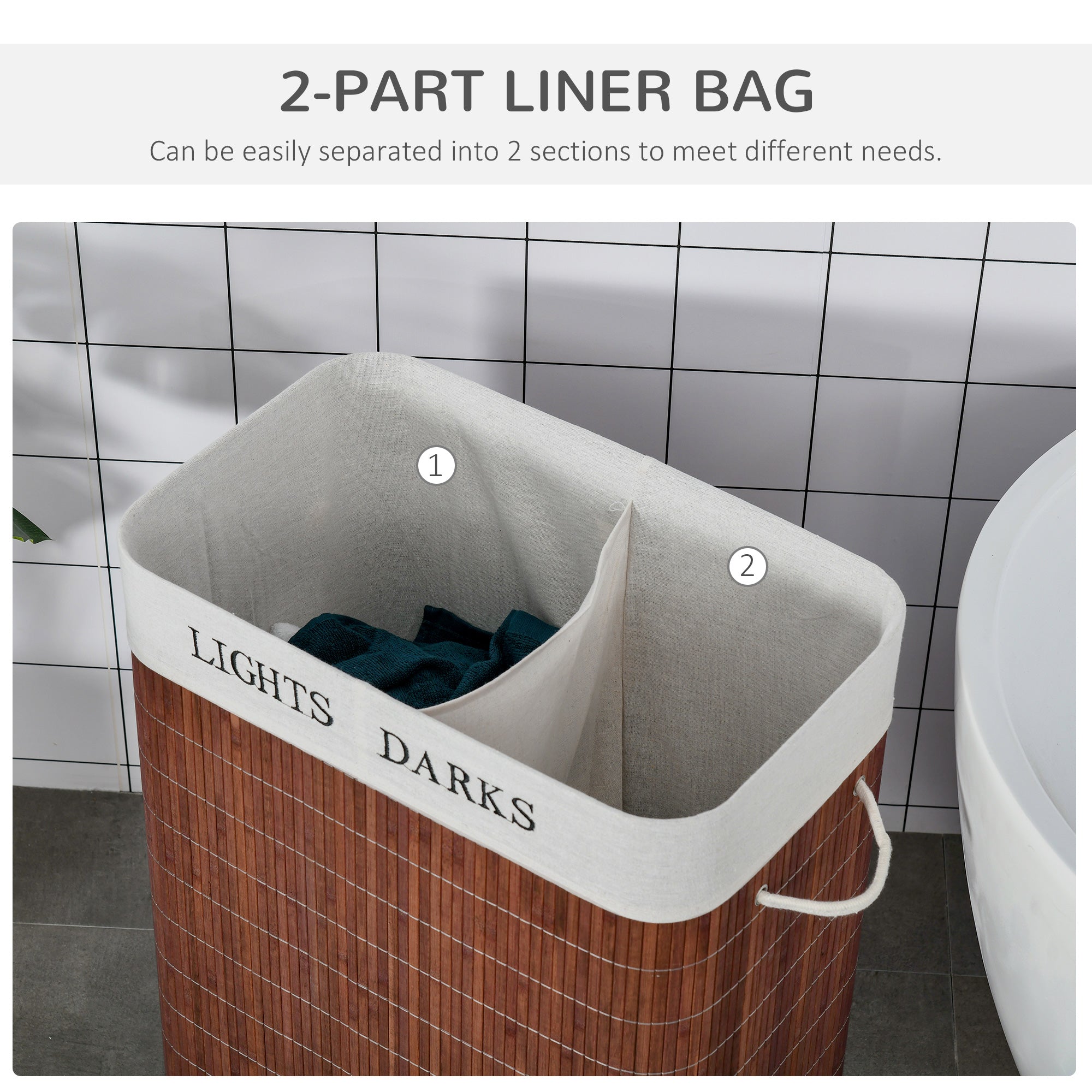 Bamboo Laundry Basket with Lid and String Handles, Collapsible Laundry Hamper with 2 Removable Bags, Brown