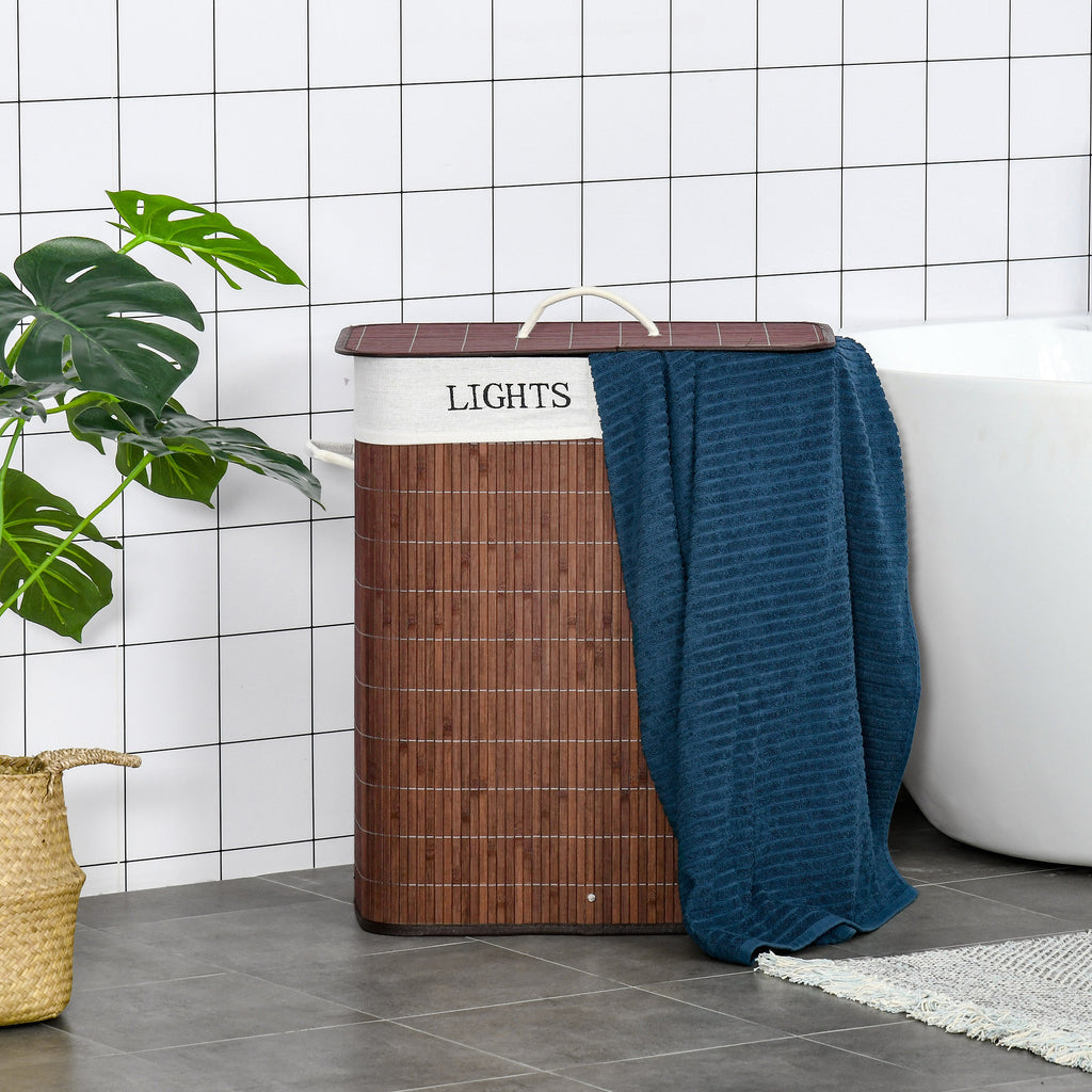 Bamboo Laundry Basket with Lid and String Handles, Collapsible Laundry Hamper with 2 Removable Bags, Brown