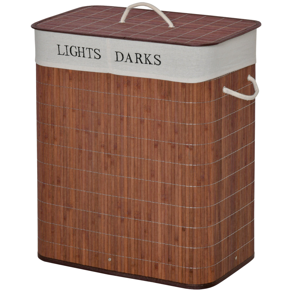 Bamboo Laundry Basket with Lid and String Handles, Collapsible Laundry Hamper with 2 Removable Bags, Brown