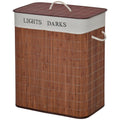 Bamboo Laundry Basket with Lid and String Handles, Collapsible Laundry Hamper with 2 Removable Bags, Brown